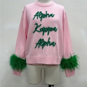 AKA Pink Sweater with Green Feathers